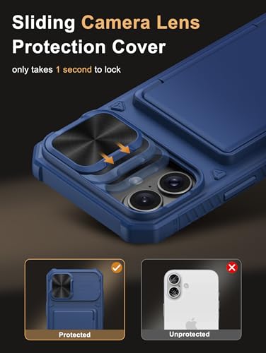 Image of Vihibii for iPhone 16 Plus Wallet Case with Card Holder (4 Cards) [RFID Blocking] & Slide Camera Cover & Raised Edges Protect Screen, Shockproof Rugged Phone Cover for iPhone 16 Plus 6.7 inch 2024, Blue