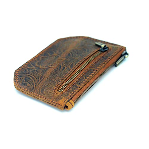 Jjnusa Genuine Leather Zipper Coin Purse For Men, Credit Card Case Holder, Mens Tray Purses Coin Purse Cash Change Wallet Car Case Holder Money Pouch (Flower Brown) #TOP1