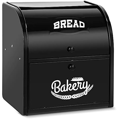 2 Layer Metal Bread Boxes, Bread Box Storage Bin Kitchen Container with Roll Top Lid Iron Countertop Containers Metal Food Storage Bread Keeper Large Capacity Home Kitchen Counter(Black) Cover