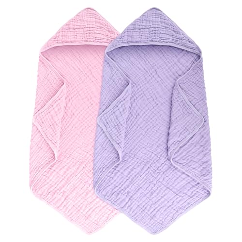 Image of Synrroe 2 Pack Hooded Muslin Cotton Baby Towels, 32x32Inch, Pink & Purple