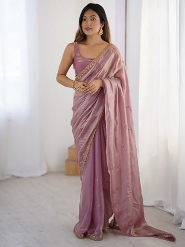 Image of AKHILAM Women's Shimmer Tissue Embroidered Saree With Unstitched Blouse Piece
