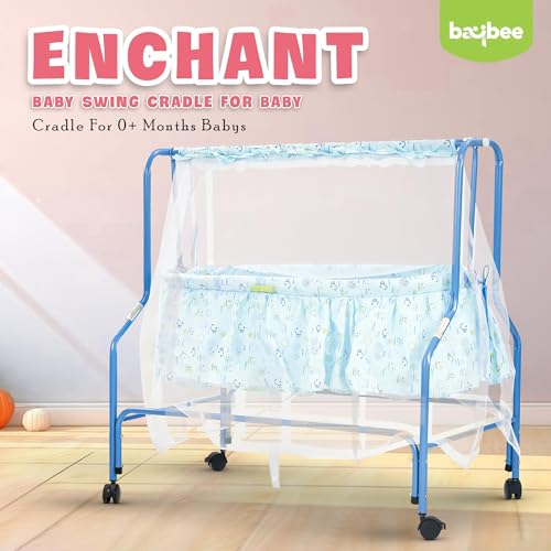 Image of BAYBEE Clora Baby Cradle and Swing with Mosquito Net (Enchant Lite Blue) | Jhula Palna for Newborns | 360 Rotating Lockable Wheels & Storage Basket