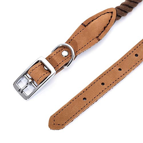 Mile High Life Rope Dog Collar | Durable Braided Cotton Rope Collars | Genuine Leather Dog Collar W Metal Pin Buckle | Classic Puppy Collars For Small Dog (Dark Brown) #TOP2