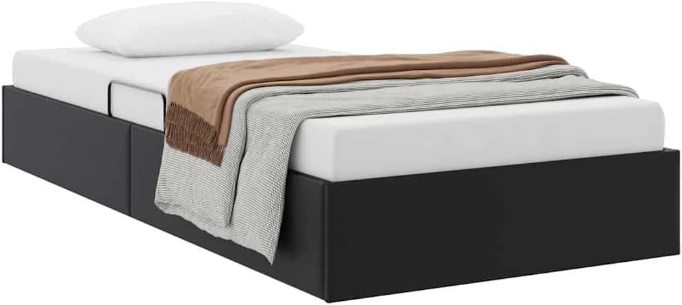 Storage Bed with Mattress Black Faux Leather Platform Bed Frame 39.37 x 79.92 in Durable Sturdy Slatted Foundation with Headboard for Modern Bedroom Storage