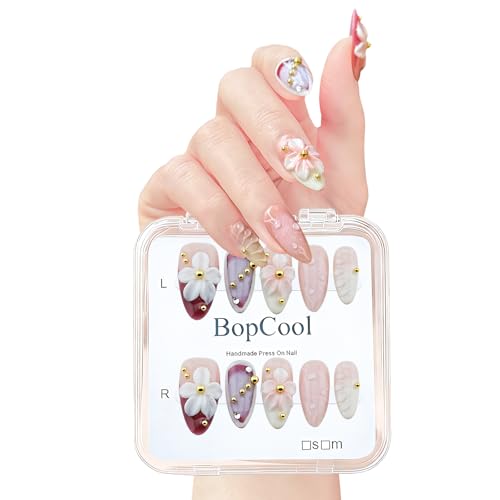 Luxury Press on Nails, Medium Almond 3D Handmade Nails, Reusable ...