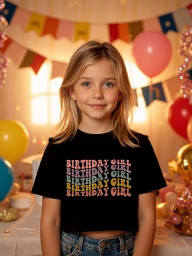 Image of Little Girls Short Sleeve Crop Top Birthday Tshirts Cute Prints for Teen Girls Summer T-Shirt 6-14Years