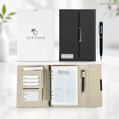Image of Giftana Personalized Planner Diary with Pen Gift Set for Men and Women, 2 in 1 Customized New Year Gifts for Employee, Personalised Employee Onboarding Kit- Black