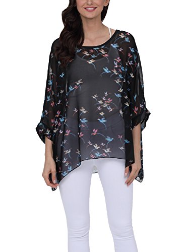 iNewbetter Blusa feminina de chiffon com estampa floral e manga morcego, túnica de verão, PB, Pb299,