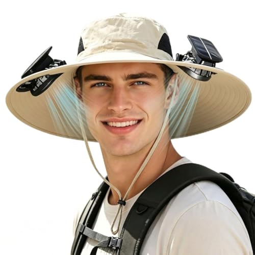 Men Sun Hat with 2 Solar Fan UPF 50+ Fishing Hats Wide Brim UV Protection Sun Hat for Beach Garden Outdoor Sports USB Charging Khaki One Size