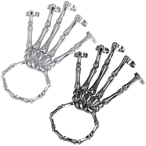 Aerbee Skull Skeleton Hand Bracelet, 2Pcs Couple Punk Metal Skull Skeleton Hand Bracelet Ring, Unique Exaggerate Style Claw with Adjustable Fingers Wristband for Men Women Party Halloween Cosplay
