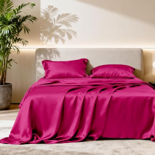 Image of Soft and Silk Satin Bedsheet for Double Bed - 400 TC Romantic Bedsheet Set for Bedroom | Bridal Wedding Bedsheet with Pillow Cover | Ideal for Gifting Hot Pink, Double Bed