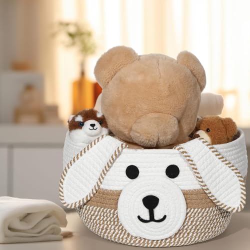 Image of Zopeal Dog Woven Basket Cute Woven Cotton Rope Puppy Animal Storage Basket for Laundry Toy Gift(Khaki, White,13 x 8 Inch)