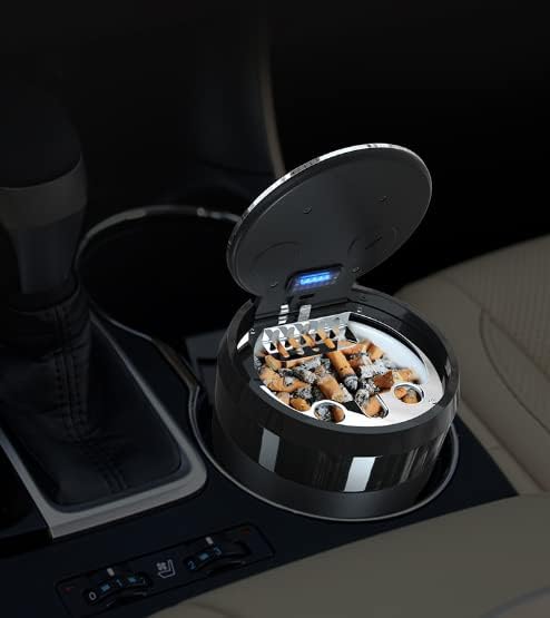 Car Ashtray fit for Peugeot Rifter Bipper RCZ 1007 2008 3008 4007 5008, Portable Travel Auto Car Ashtray, Easy Clean Up Detachable Car Ashtray with LED Light,B Silver-L