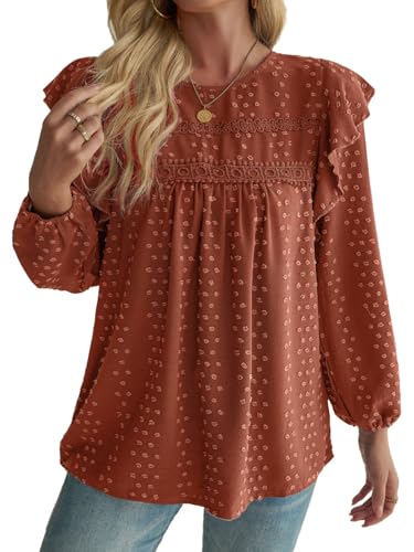 SKVON Fall Tops Tunic Tops Crew Neck Long Sleeve Womens Shirts Dressy Casual Fashion Smocked Peasant Church Rust Colored Orange Blouses for Women Spring S