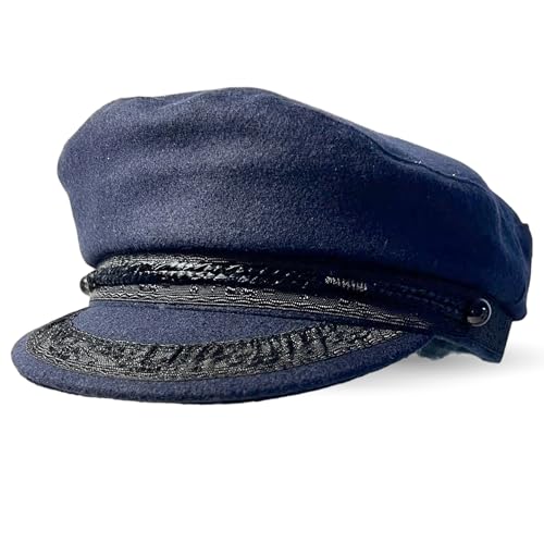 Traditional Wool Breton Cap | Size 60cm, large, Captain Fisherman Mariner Yachtsman Sailors, Fiddlers Cap, Baker Boy flat cap, skipper, classic peaked French and Greek boatman's hat, Navy Blue, 7.375