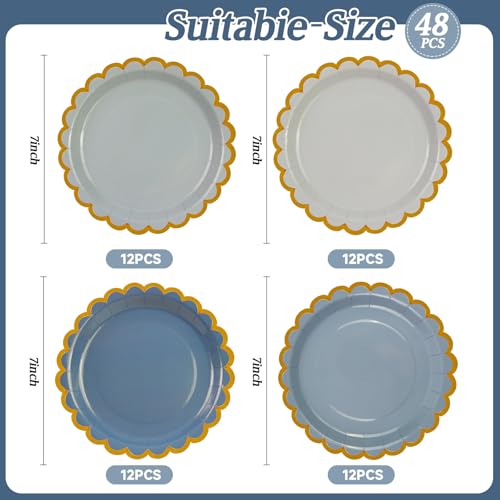 DHAIQC 48PCS Blau Pappteller 18cm, Farbverlauf Blau Partyteller mit Gewellter Goldrand Einwegteller Dessertteller Kuchenteller für Geburtstag Hochzeiten Jubiläums
