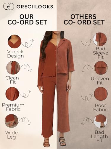 Image of GRECIILOOKS Co ord Set Women Stylish | Woman Dress | Summer Cord Sets for Women's | Trendy Casual Shirt and Pants | Pyjama Set's Solid & Beach, Resort Outfits Full Sleeve