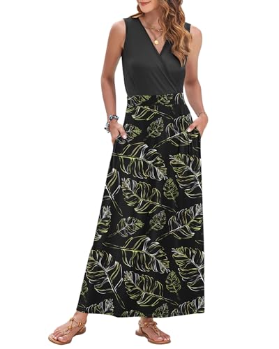 Image of AUSELILY Womens Maxi Dress Summer Sleeveless Wrap Long Dresses with Pockets | V-Neck Wrap Sleeveless Sundress, fits formal, casual, beach, vacation & daily wear