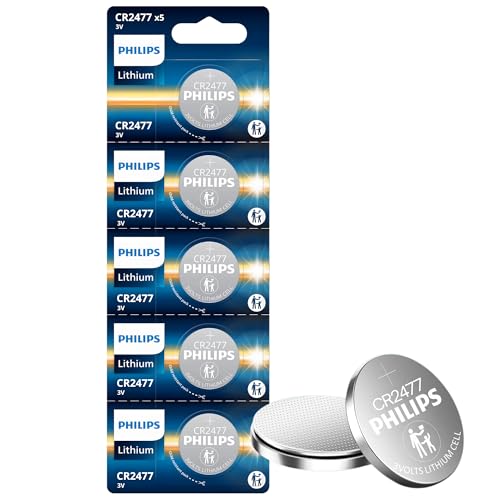 Philips CR2477 3v Lithium Battery 5-Pack CR 2477 Battery | 10 Year Shelf Life | Leak-Proof Design | Ideal for Sensors Industrial Use Car Key Fobs Fitness Trackers Monitors Medical Devices.