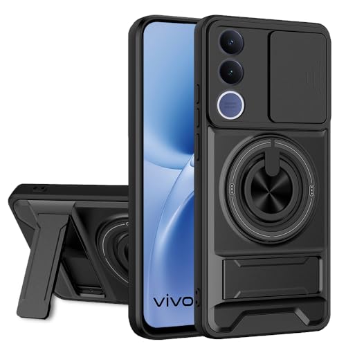 Image of AESTMO VIvo V70 FE 5G Back Cover | Armor Camera Slider 360 Degree Rotating Finger Ring Holder Case with Bracket Stand & Camera Protection Back Case Cover for VIvo V70 FE 5G (Black)