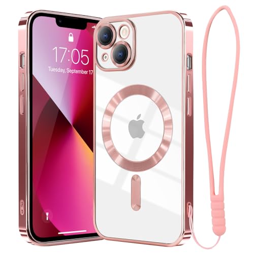 Ethanger for iPhone 13 Case Compatible with MagSafe Luxury Plating Bling Shockproof Bumper with Camera Lens Protector Magnetic Women Girly Phone Case for iPhone 13, Pink