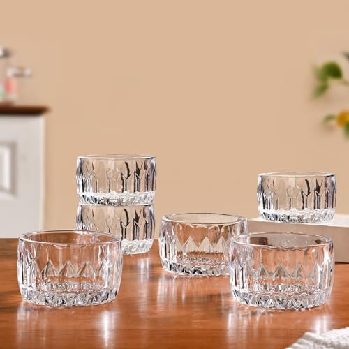 Image of Nestasia Small Glass Chutney Bowls Set of 6 (160ml Each) - Heat Resistant & Chip Resistant Ice Cream Bowls for Dips, Sauce & Pickles | Cyrstal Cut Transparent Katori with Gift Box - Ideal for Gifting
