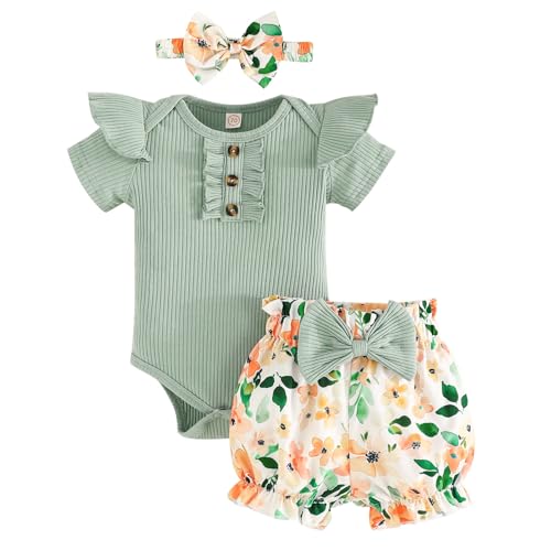 Image of GDTOGRT Baby Girl Clothes Newborn Infant Outfit Ruffle Romper and Short Pants Clothing Sets for Summer Spring