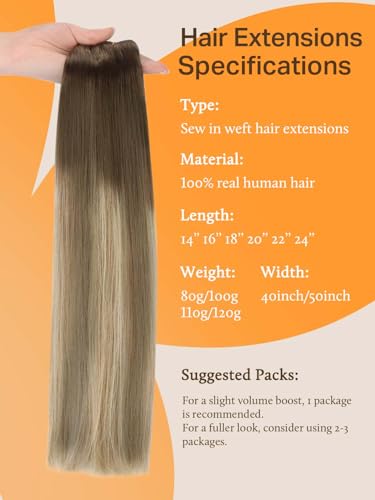 Image of DOORES Weft Hair Extensions, Balayage Walnut Brown to Ash Brown and Bleach Blonde 16 Inch 100g, Sew In Real Human Hair Straight Natural Weave