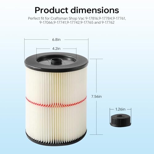 17816 Filter for Craftsman Shop Vac, Red Stripe Cartridge Filter Compatible with Craftsman 9-17816 Wet Dry Vac fit 5 Gallon and Larger Vacuum Cleaner, 2 Pack
