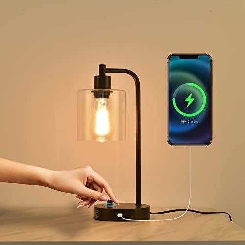 Sdorens Industrial Table Lamp with USB Port & AC Outlet, Nightstand Reading Lamp Fully Stepless Dimmable, Seeded Glass Shade Desk Lamp for Living Room Office (LED Bulb Included)