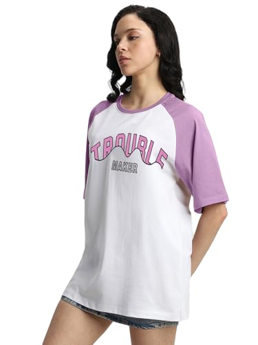 Image of JUNEBERRY 100% Pure Cotton Oversized Fit Drop Shoulder Graphic Printed Raglan Sleeves Boyfriend T-Shirt for Women (Sizes: S to 2XL)