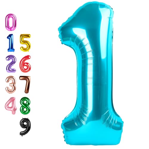 Image of Number Balloons Light Blue 1 Balloon 40 inch for 1st Birthday Decorations | Saturated Color, Large 40 in, With Inflation Straw & Hanging Hole, Great for Men's Party, Back-To-School Season, Pool Party