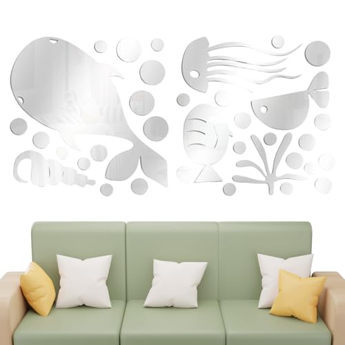 Stickers Muraux Poisson 3D Mural Décoratif Acrylique Argenté x35 – Effet Miroir pour Chambre Enfant, Salle de Bain ou Salon – Thème Océanique, Facile...