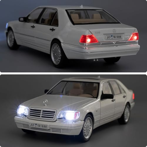 Image of 1:24 Benz W140 S320 Model Car, Diecast Collectible Pull Back Toy Car, Retro Classic Car with Sound and Light for Adults, Kids, Boys (White)