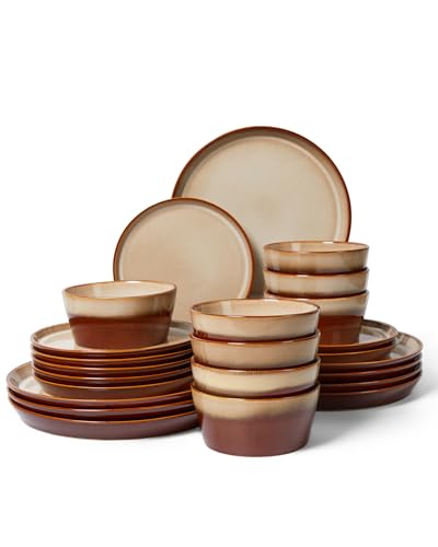 Image of Ceramic Plates and Bowls Sets for 8, 24pcs Dinnerware Sets, Dish Set | Reactive Glaze Stoneware Dishes Set, Microwave & Dishwasher Safe, Scratch Resistant, Easy Cleaning Dishware sets, Amber Brown