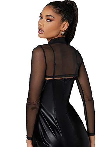 SweatyRocks Women's Long Sleeve Mock Neck Slim Fit Sheer Mesh Crop Shirt Top2