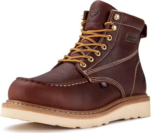 SUREWAY 6 in Mens Waterproof Soft Toe Work Boots for Men-Full Grain Leather,GoodyearWelt,EH Safety Industial Construction Wedge Moc Toe Work Boots/Shoes,Waterproof Soft Toe Dark Brown,Size 9.5