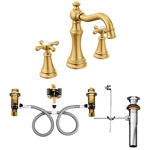 Moen TS42114BG-9000 Weymouth Two-Handle Widespread Bathroom Faucet with Cross Handles and Valve, Brushed Gold