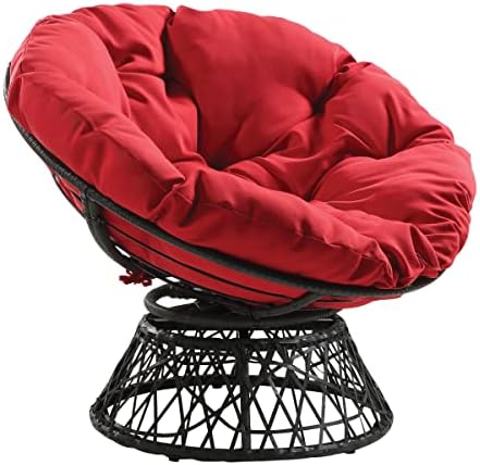 OSP Home Furnishings Wicker Papasan Chair with 360-Degree Swivel, Grey Frame with Red Cushion