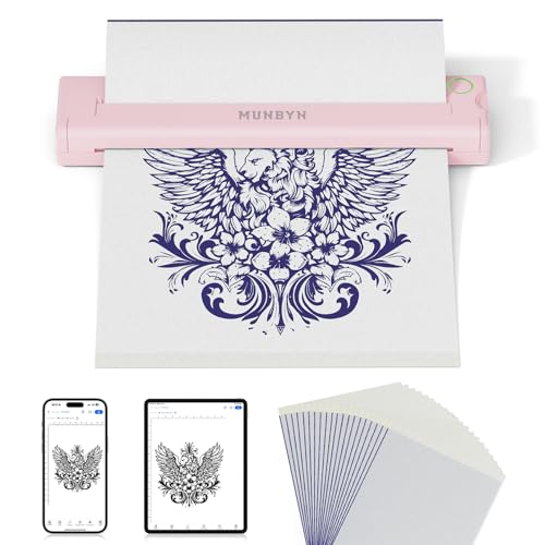 MUNBYN Thermocopieur Tatouage Bluetooth ITP05, 20 Feuilles Papier Transfert Imprimante, Imprimante Stencil Tatouage, Transfert Tatouage Machine Copieur pour...