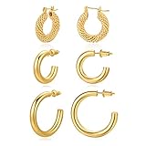 3 Pair Thick Chunky Gold Hoop Earrings for Women,Small Gold Hoop Earrings,14k Gold Hoop Earrings,Gol