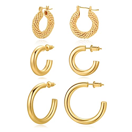 3 Pair Thick Chunky Gold Hoop Earrings For Women,Small Gold Hoop Earrings,14K Gold Hoop Earrings,Gold Huggie Earrings,Gold Plated Hoop Earrings #TOP14