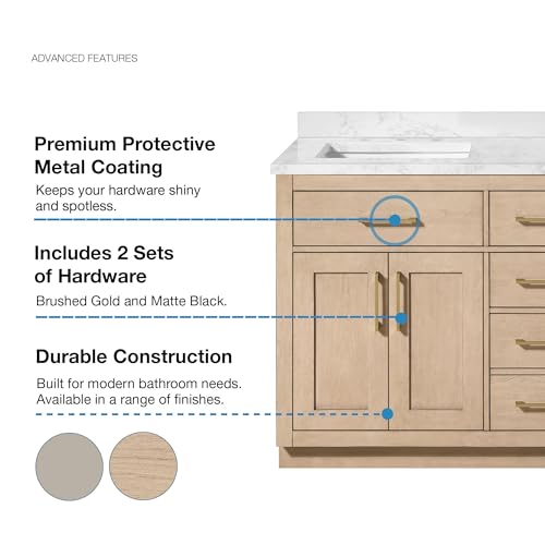 Image of OVE Decors Athea 60 in. Double Sink Freestanding Sahara Birch Bathroom Vanity with White Engineered Marble Top, Matching Backsplash, Power Bar and Brushed Gold Hardware