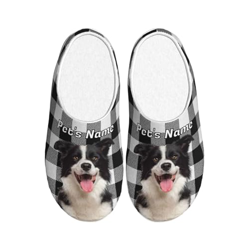 Custom Plaid Slippers Personalized Pet Photo Text for Dog Cat Mom Dad Non-Slip Fluffy Slippers Customized Women Men Comfy Warm Slippers for Christmas