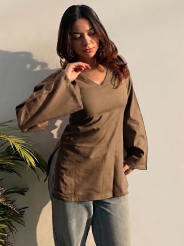 Image of ANNI Designer Short Kurti for Women Solid Design | V Neck Full Sleeve Kurti Tops for Women | Stylish Kurtis & Short Kurtis for Woman | Casual Kurti with Jeans | Kurtas for Woman