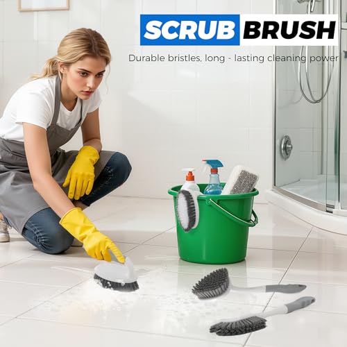 3 Pack Heavy Duty Scrub Brush Set for Household Use, Long Scrub Brush, Handheld Scrub Brush, and Crevice Brush with a Scraper Head for Cleaning Bathroom, Tile, Grout, Tub, Floor, Sink - Image 4