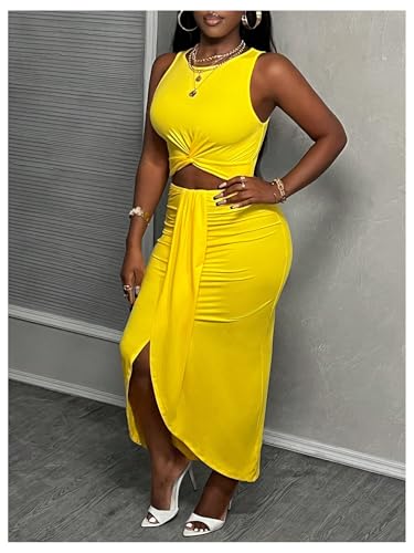 SweatyRocks Women's Twist Cut Out Dress Sleeveless Ruched Crew Neck Bodycon Maxi Dresses3