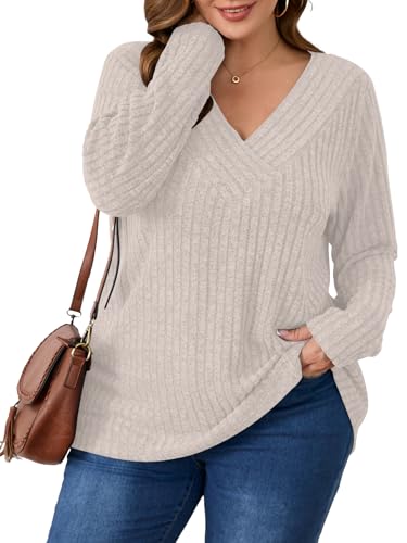 BELAROI Plus Size Tops for Women Fall Casual Tunic Shirts Lightweight V Neck Pullover Long Sleeve Blouse