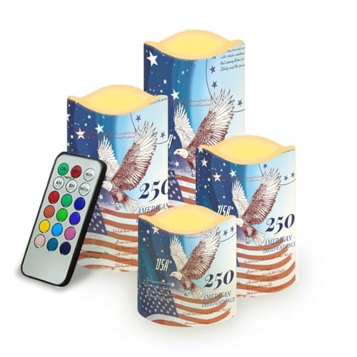Image of American Flag Electric Candles Bald Eagle Independence Day Flameless LED Candles Battery Operated with Remote 250th Anniversary Flickering Candle for American Holiday, 4 Pack