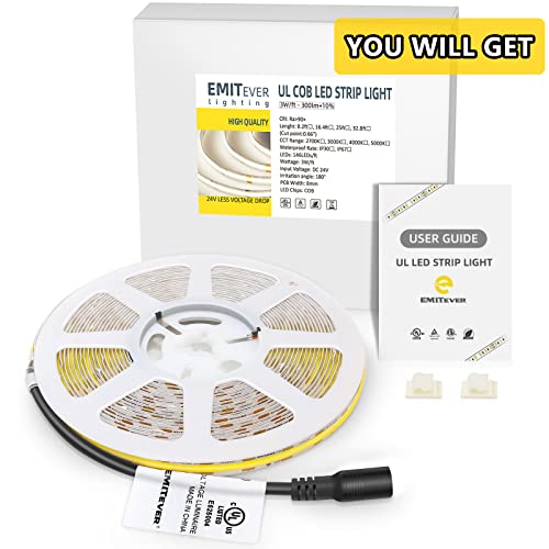Emitever Cob Led Strip Lights Cool White, 5000K Tape Light Premium High Density, Dc 24V, 300+Lumens/Ft, 2400Leds/Spool, Ra 90+, 16.4Ft, 3W/Ft, Ul Listed 5 Year Warranty (Power Supply Sold Separately) #TOP7